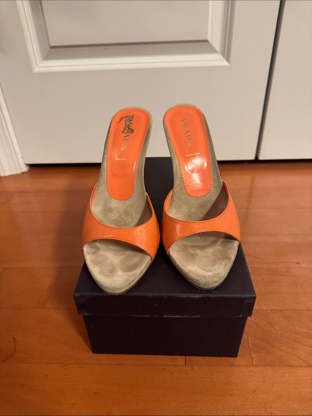 Prada Orange Leather Open-Toe Slide Mules